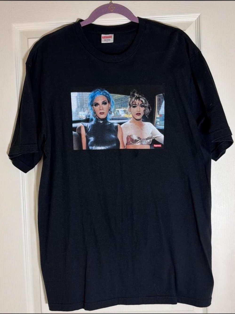 Supreme Black Graphic Tee with Blue-Haired Portrait